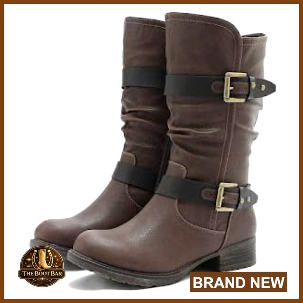 Mid Calf Fashion Boots Low Heel Zipper Vegan Leather Comfortable Elegant